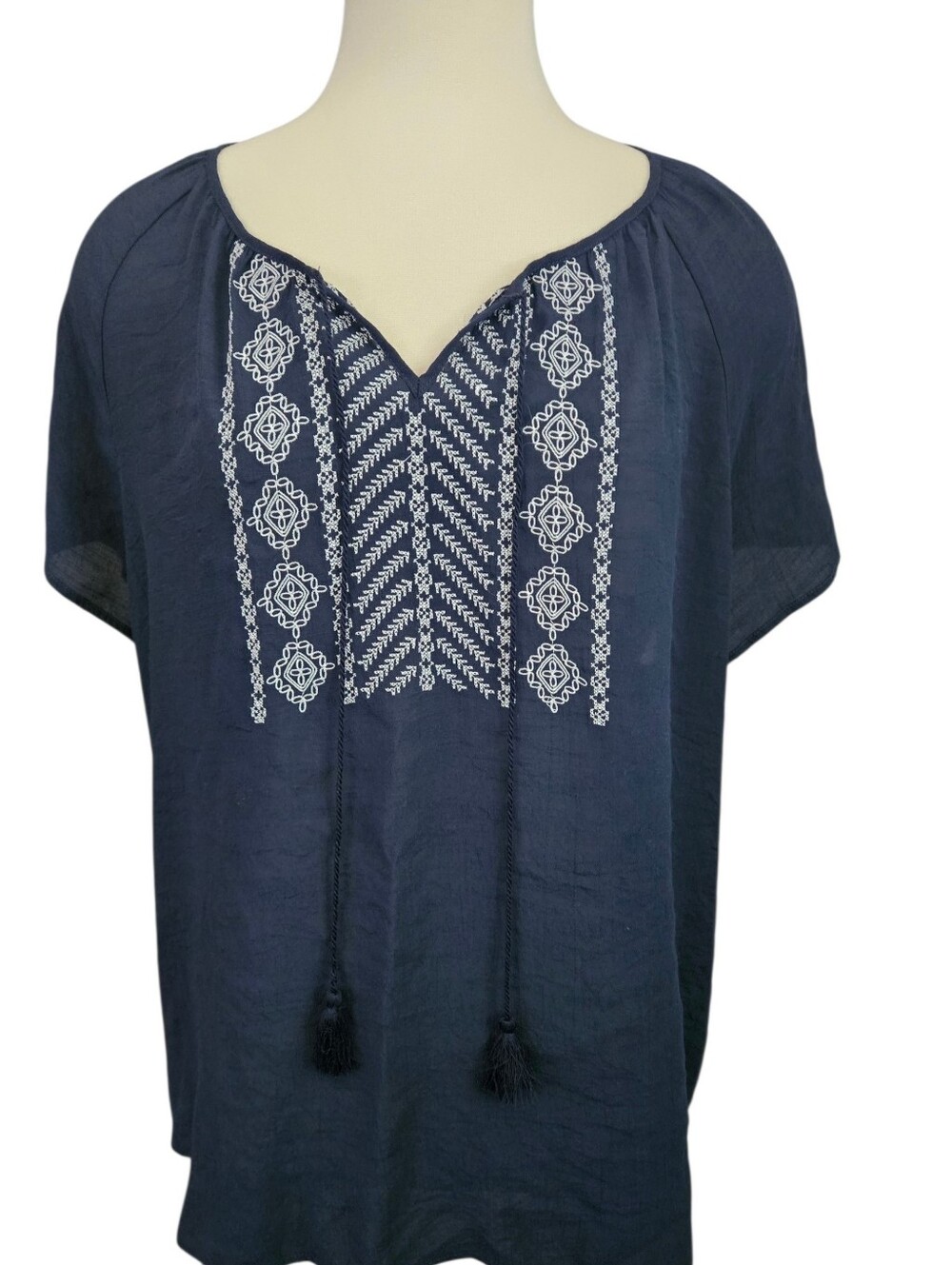 CJ Banks Women's Navy Top With White Embroidery, 2X